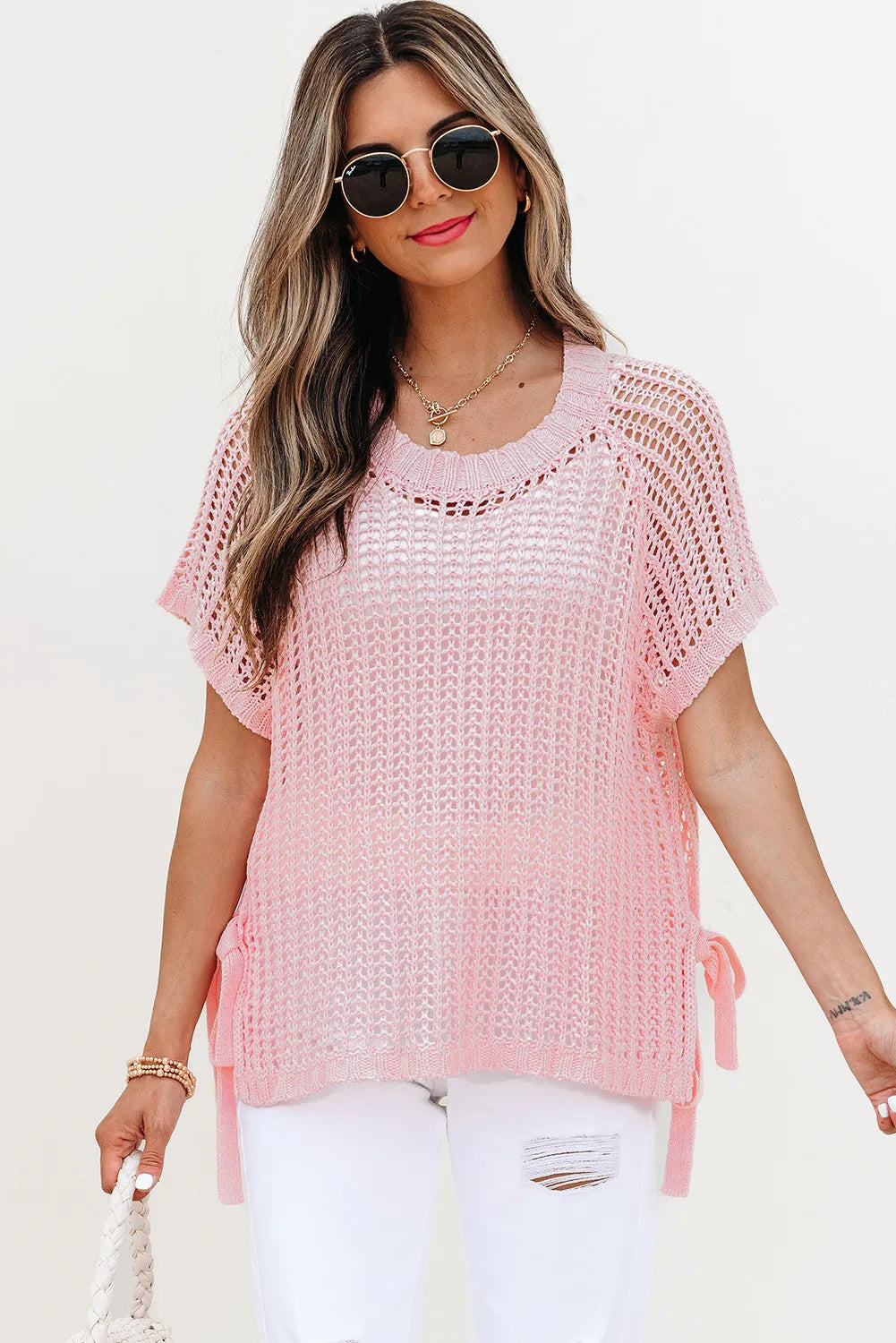 Pink Hollow-out Crochet Side Tied Short Sleeve Sweater